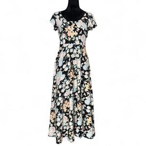 90s Vintage Black Floral Midi Dress – Cottagecore Fit & Flare M